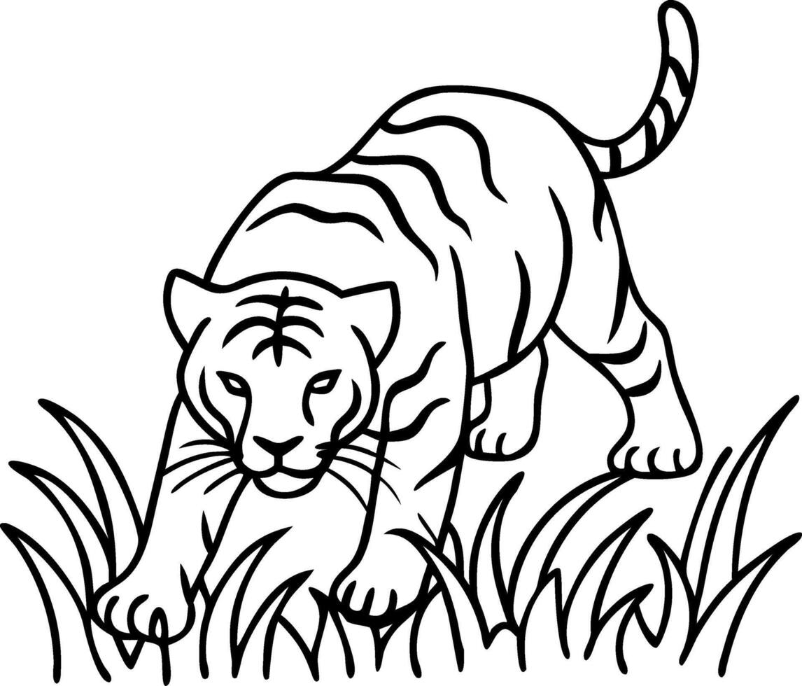 Bold Line Art Tiger Slipping Through Grass Ideal for Tattoo Design and Coloring Books vector