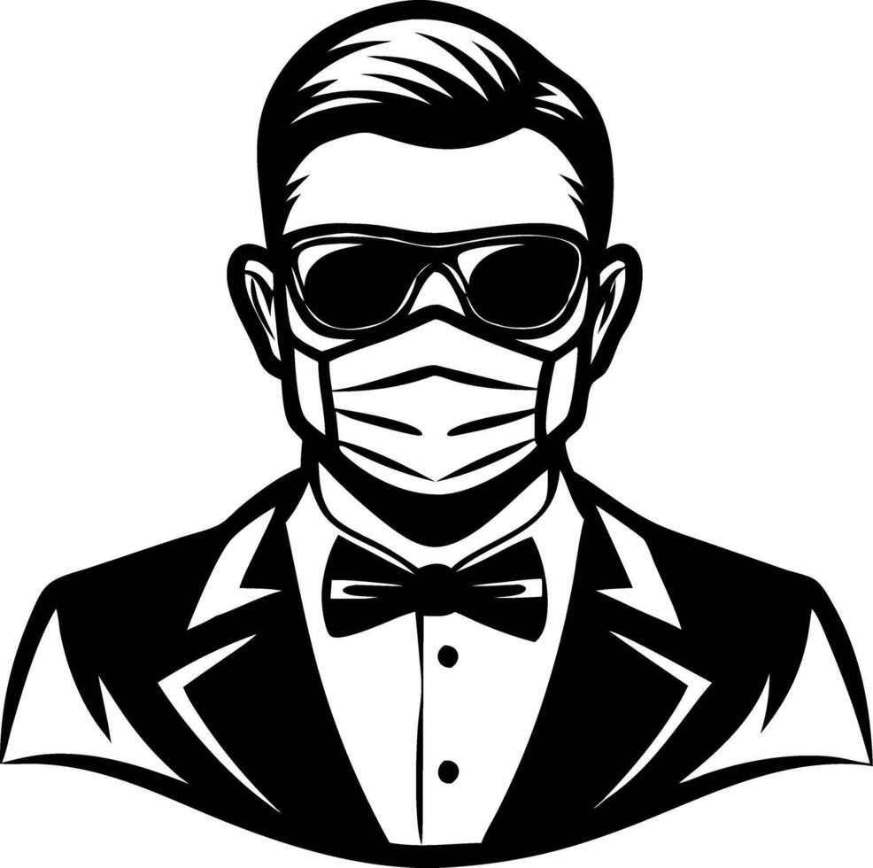 Stylish Man in Sunglasses and Mask Wearing Tuxedo for Fashion and Health Themes vector