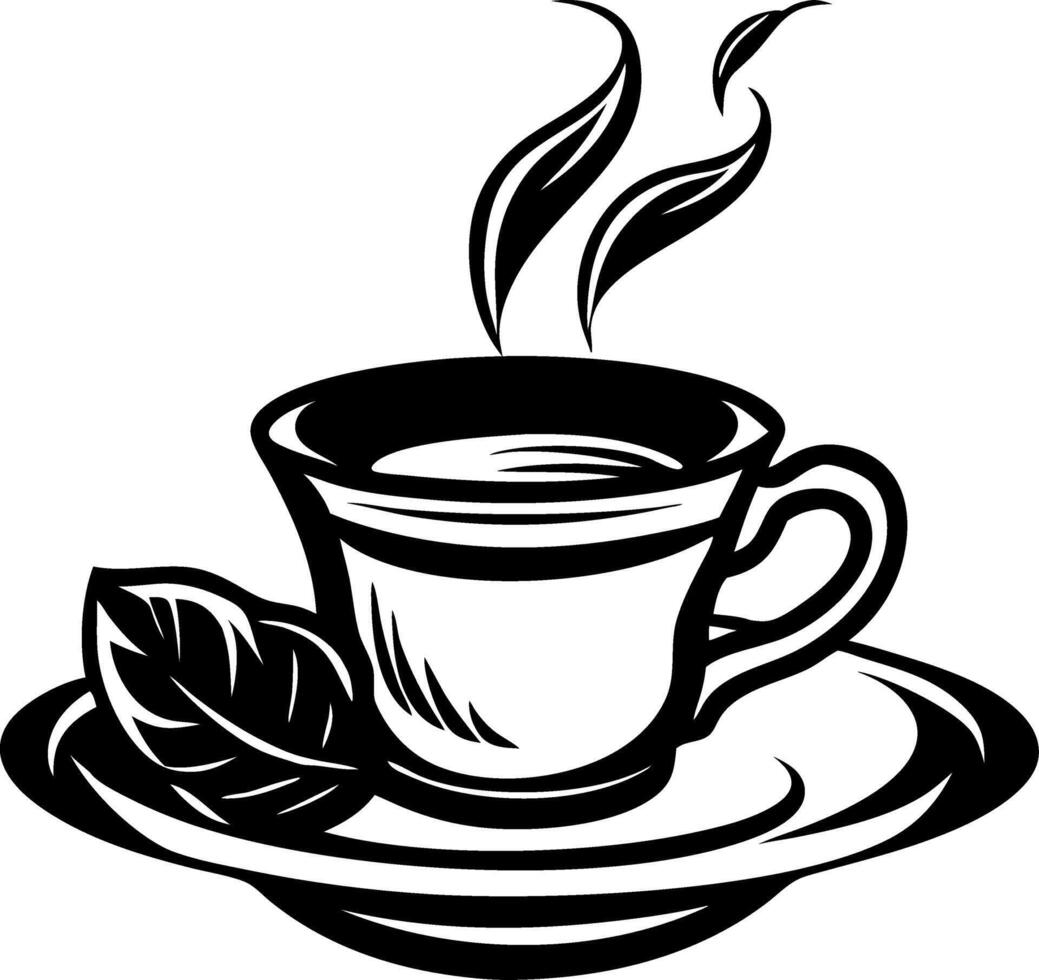 Stylish Black Coffee Cup with Steam and Leaf on Saucer Design Perfect for Tattoos and Art Projects vector