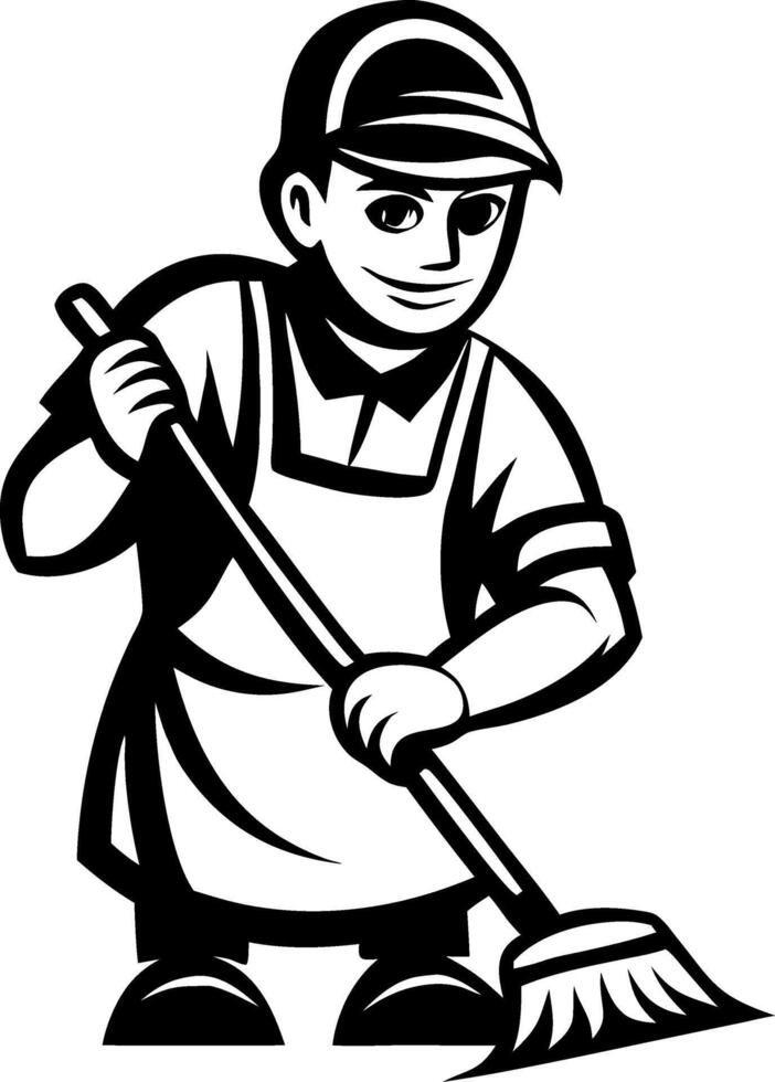 Cheerful Janitor Holding Broom Cleaning Worker Mascot Design for Branding and Promotion vector
