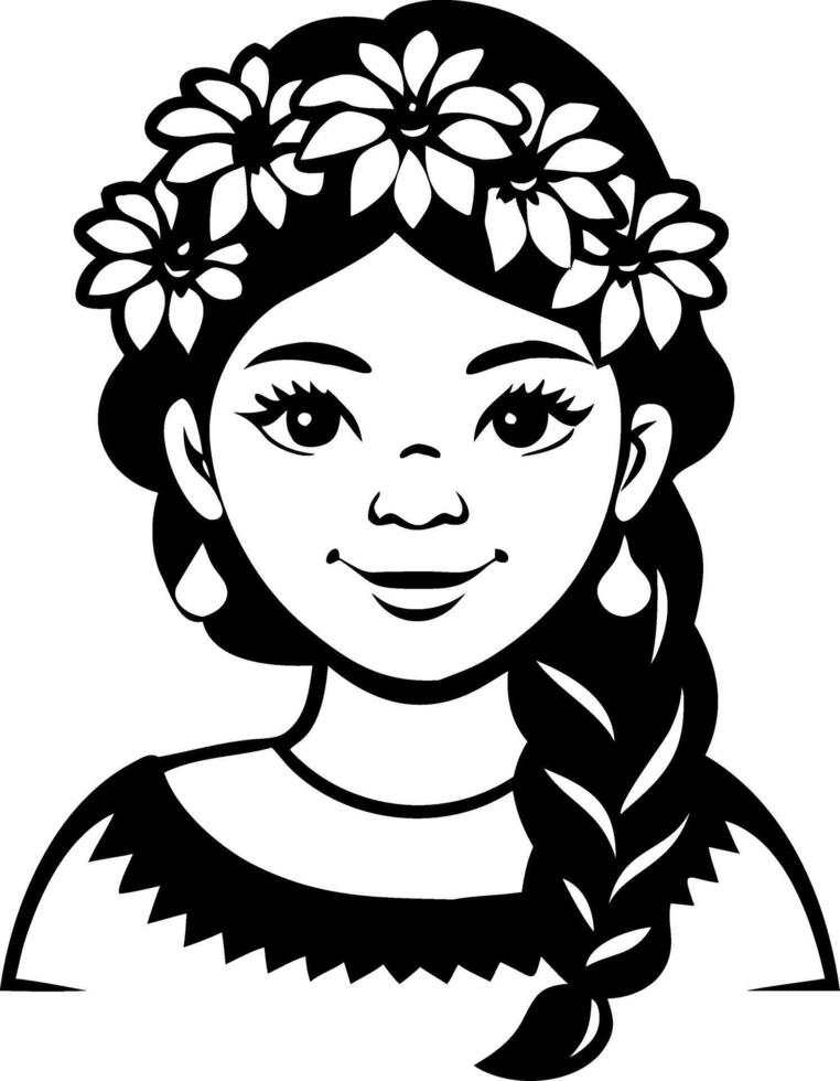 Charming Girl with Floral Crown Portrait Ideal for Coloring Books and Decorative Designs vector