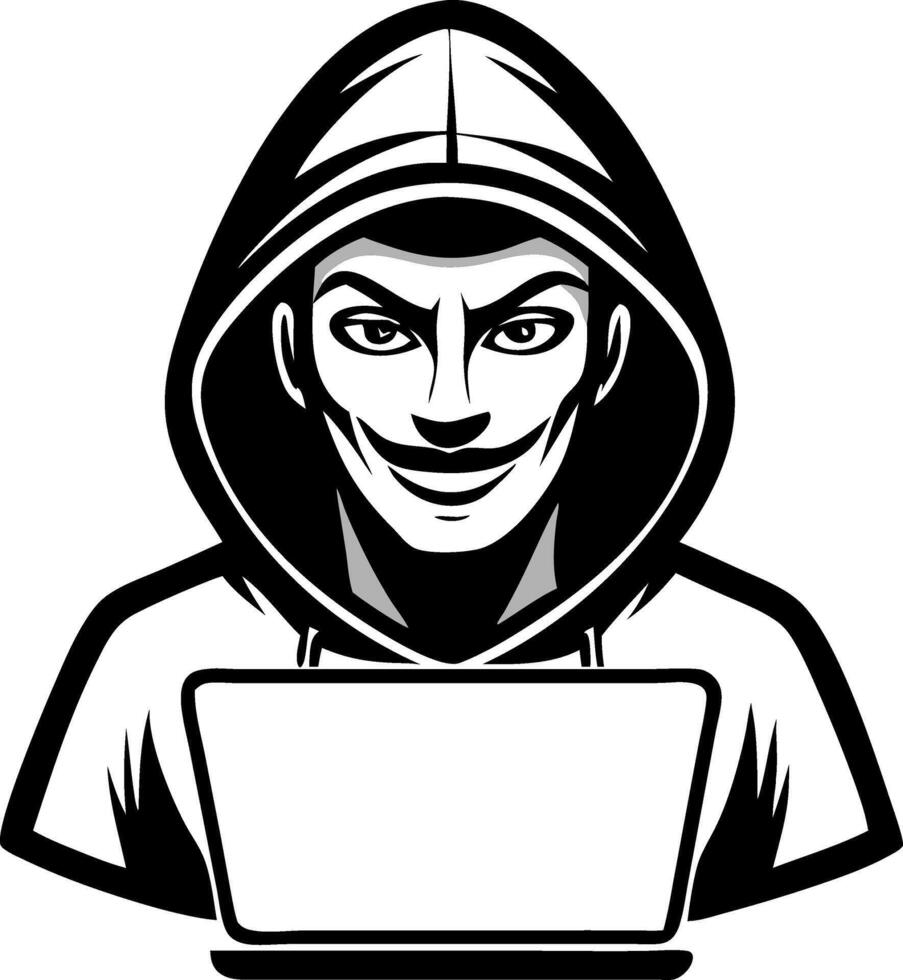 Creepy Hacker with Hooded Sweatshirt Using Laptop Design for Merchandise and Tattoos vector