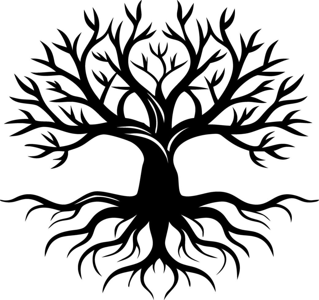 Intricate Black Tree Design with Exposed Roots for Decor Tattoo and Art Projects vector