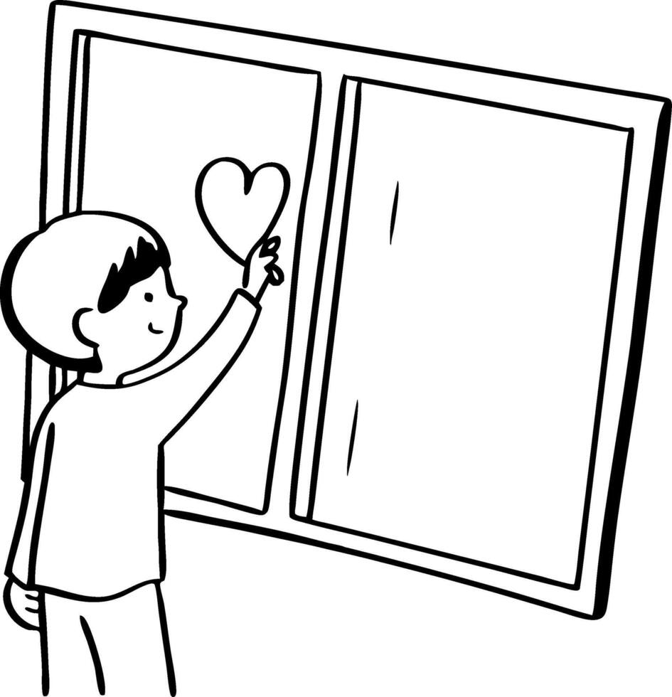 Child Drawing Heart on Window with Joyful Expression for Creative Projects and Crafts vector