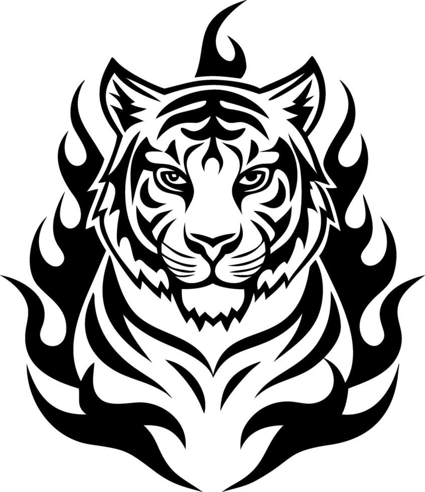 Ferocious Tiger Head with Flames Bold Black and White Design for Tattoos and Artwork vector