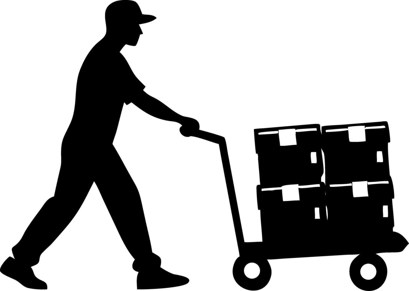 Silhouette of a Worker Transporting Boxes on a Hand Truck Ideal for Logistics Themes vector