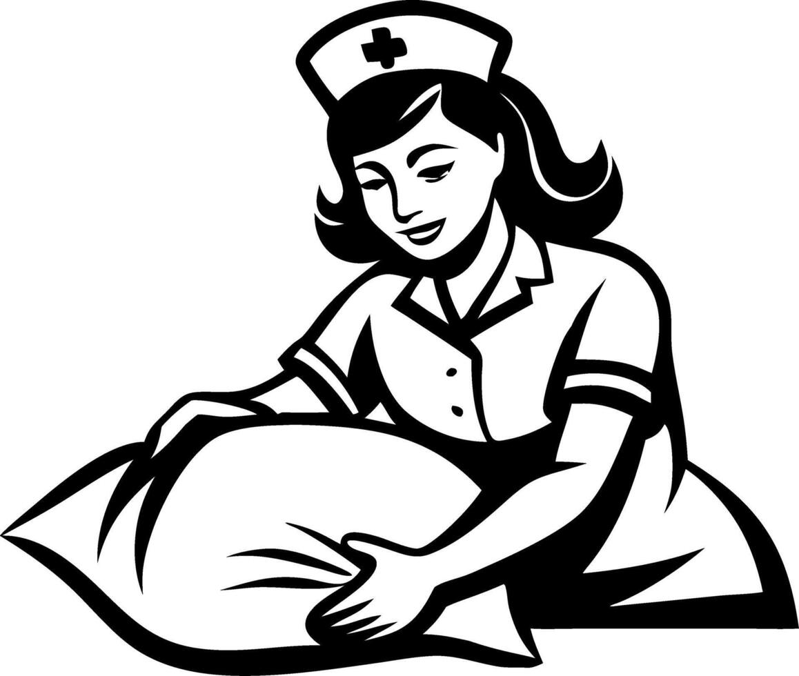 Nurse Caring for Patient with Pillow Elegant Vintage Style Illustration for Healthcare Content vector