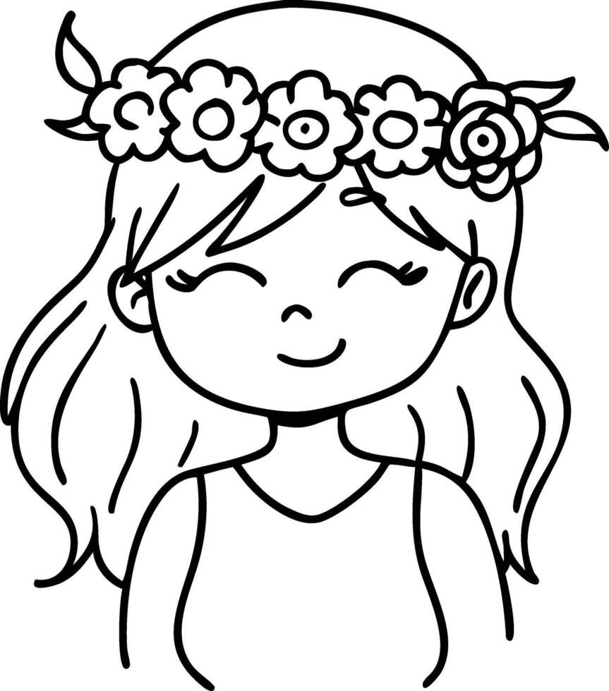Smiling Girl with Flower Crown Design for Coloring Books and Craft Projects vector