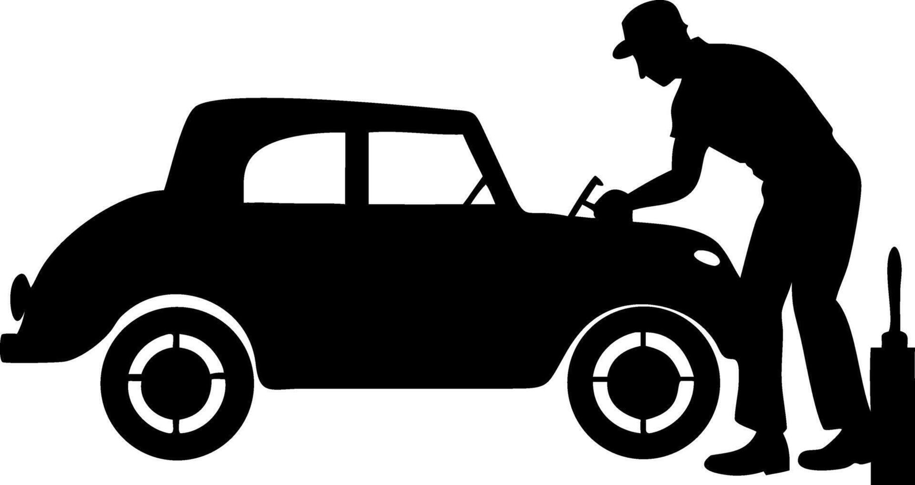 Mechanic Working on Classic Car Engine Troubleshooting for Automotive Repair Services vector