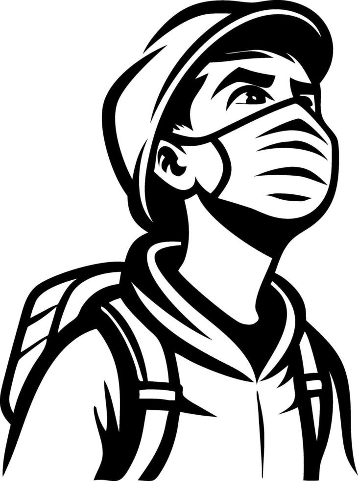 Youth Wearing Mask with Backpack Urban Adventure Art for Community Awareness vector