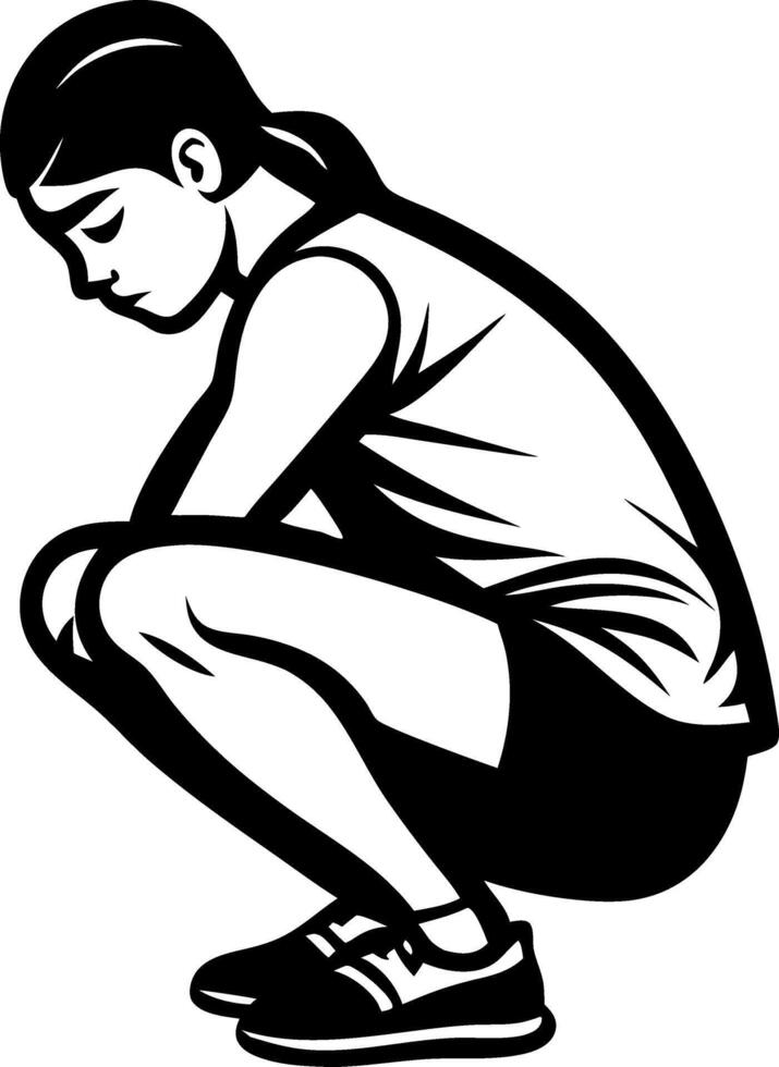 Melancholic Young Girl Squatting in Sportswear Reflecting Contemplation and Thoughtfulness vector