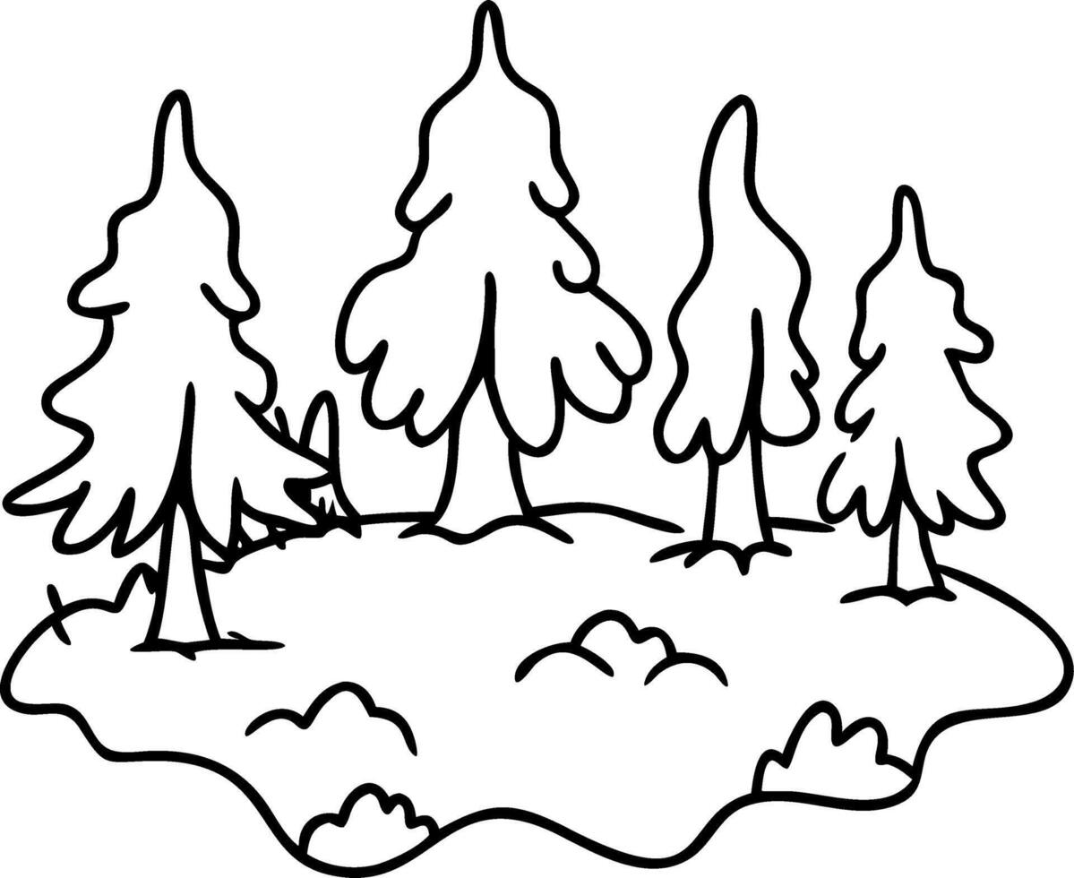 Hand-Drawn Forest Scene with Stylized Pines and Natural Elements for Coloring and Design vector