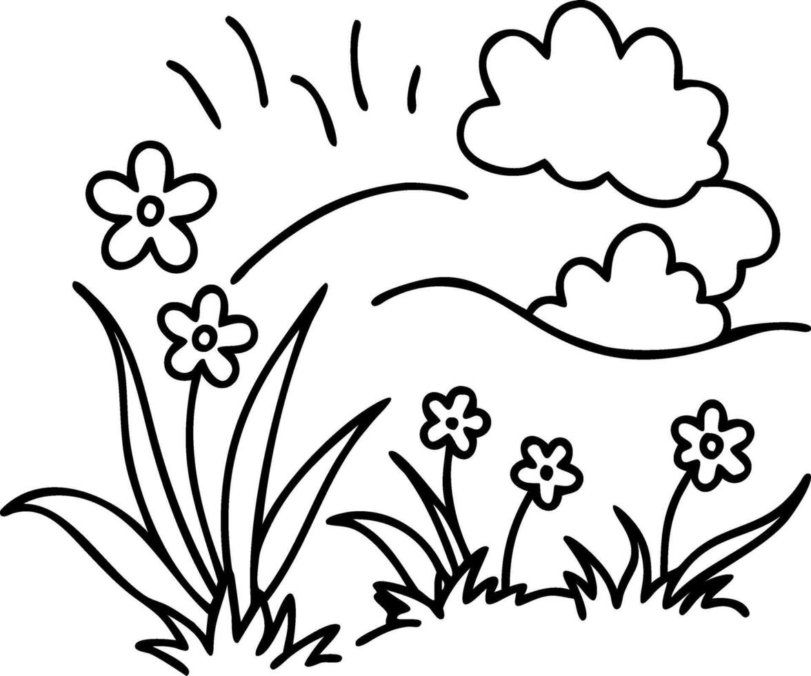 Cheerful Floral Landscape with Blossoming Flowers and Sunny Clouds for Coloring Pages vector