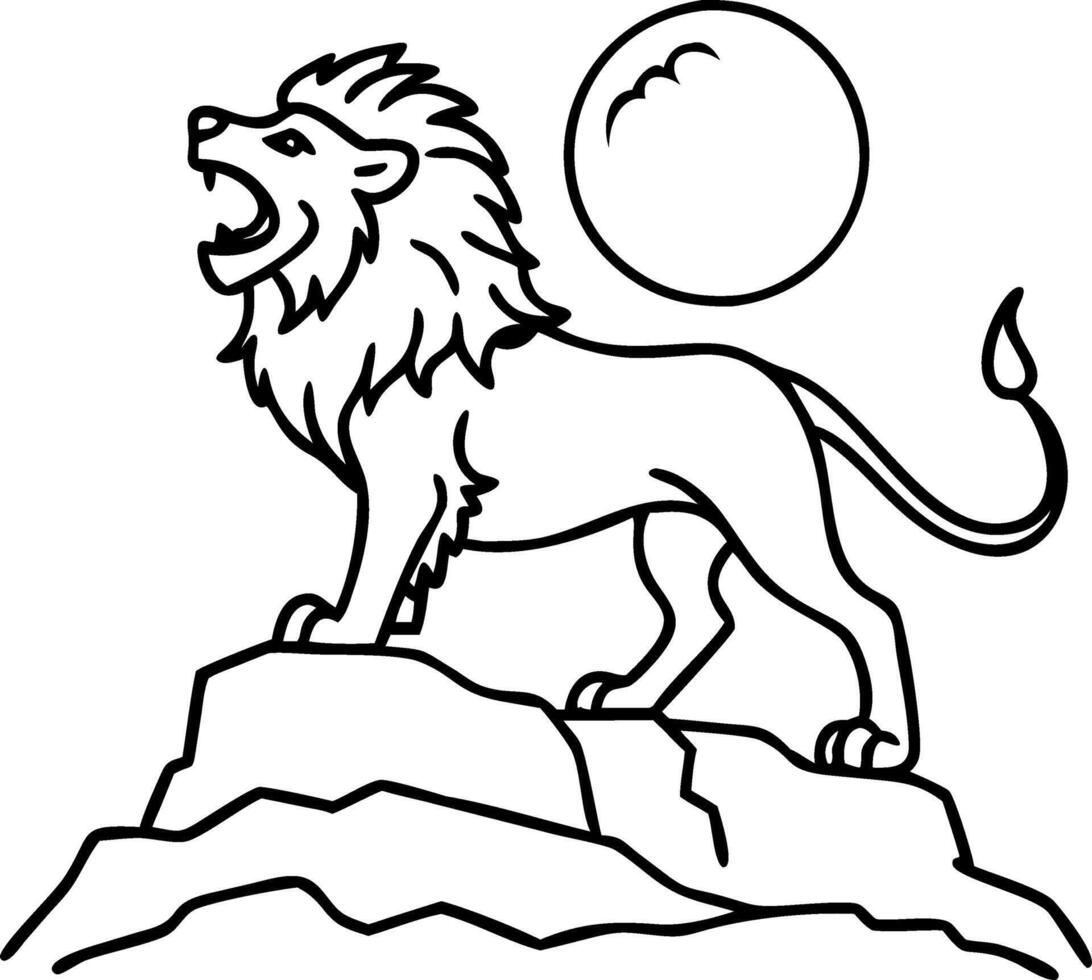 Majestic Roaring Lion Standing Proudly on Rocky Mountain with Rising Sun vector