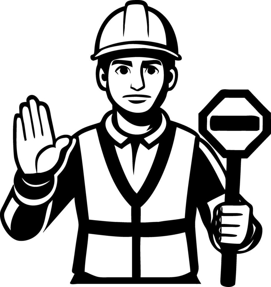 Construction Worker Signaling Stop in Safety Vest with Hand Raised for Traffic Control vector