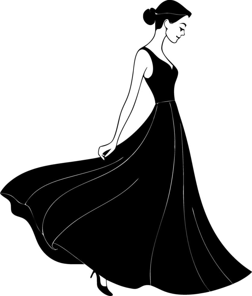 Elegant Woman in Black Dress Silhouette Perfect for Fashion Illustrations and Tattoo Designs vector