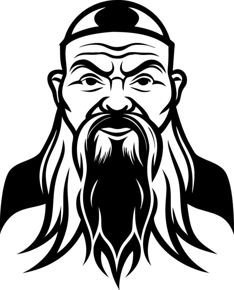 Intricate Black and White Portrait of a Wise Bearded Man with Long Hair vector