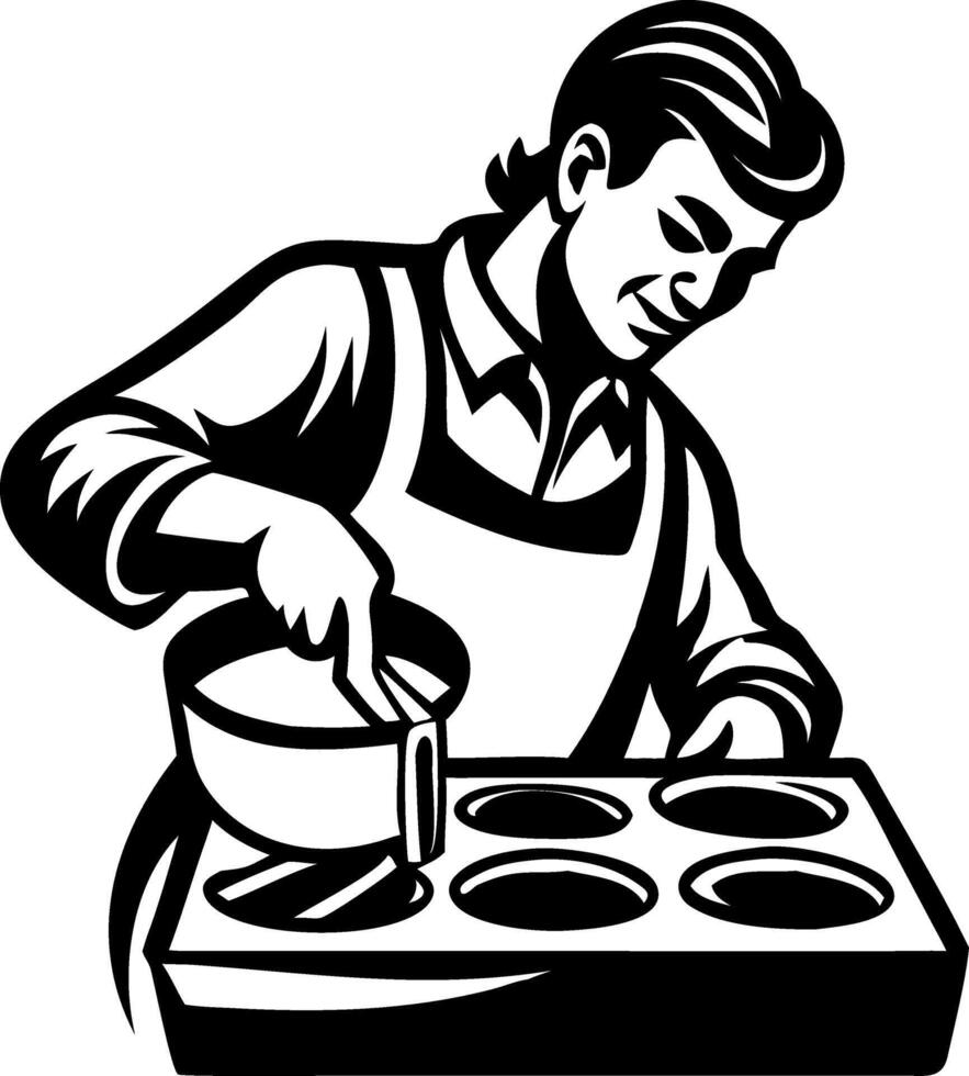 Baker Pouring Batter into Muffin Tray for Delicious Homemade Treats in Kitchen vector
