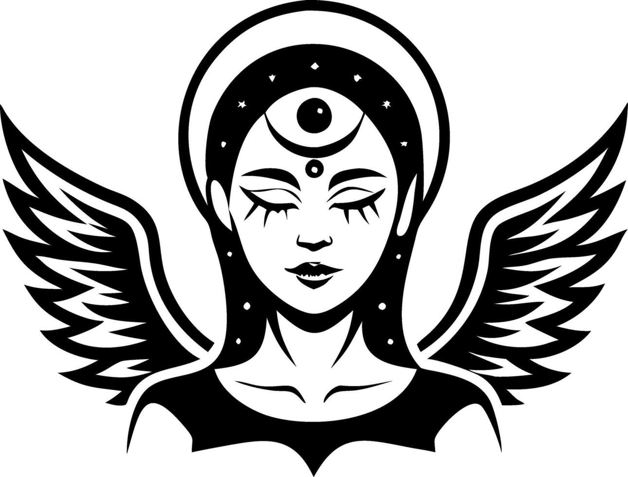 Angelic Female Figure with Wings and Mystical Symbols for Tattoo or Coloring Book Art vector
