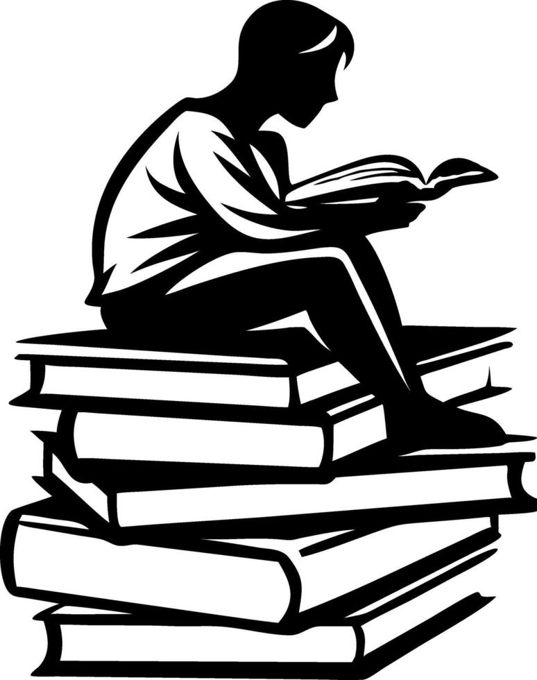 Silhouette of a Child Reading a Book Sitting on a Stack of Books Perfect for Educational Themes vector