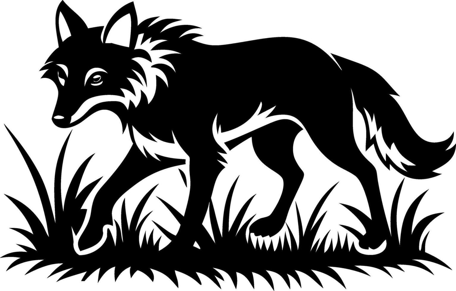 Elegant Black Wolf Silhouette Walking Through Grass Ideal for Nature Themes and Tattoo Designs vector