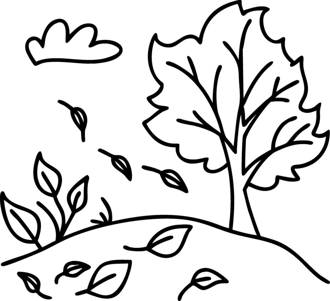 Stylized Tree with Falling Leaves and Gentle Breeze Perfect for Nature Illustrations and Coloring vector
