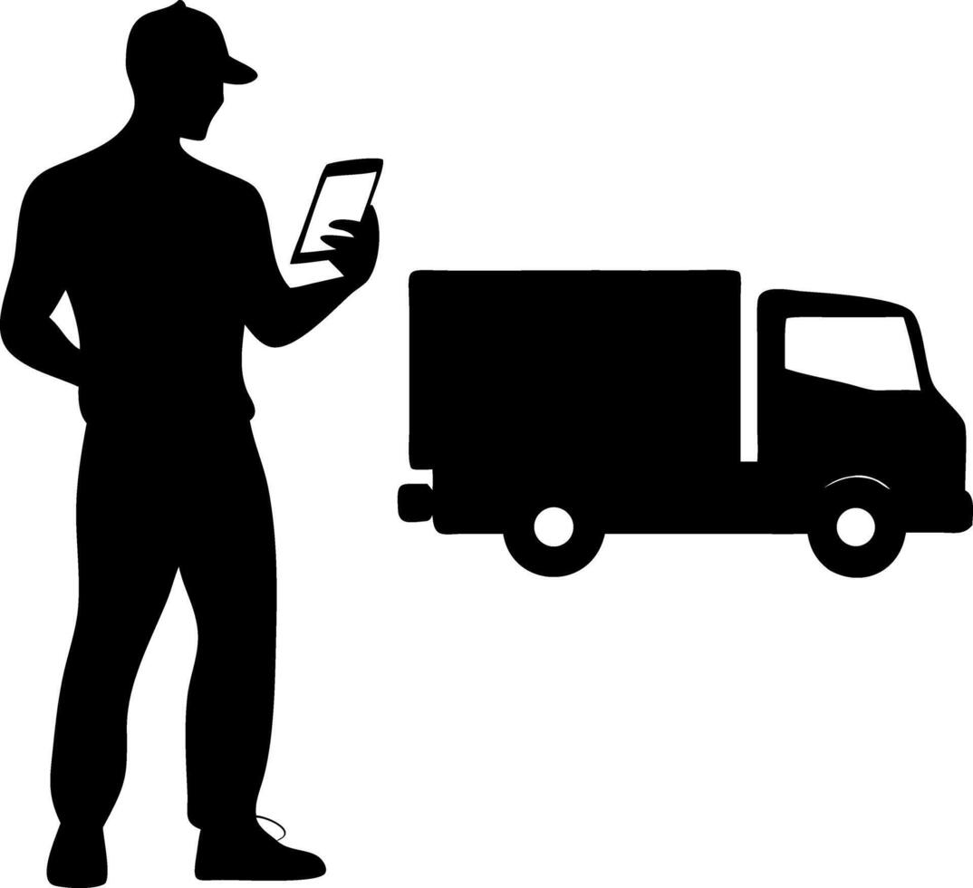 Delivery Driver Checking Shipment with Cargo Truck for Logistics and Transportation Services vector