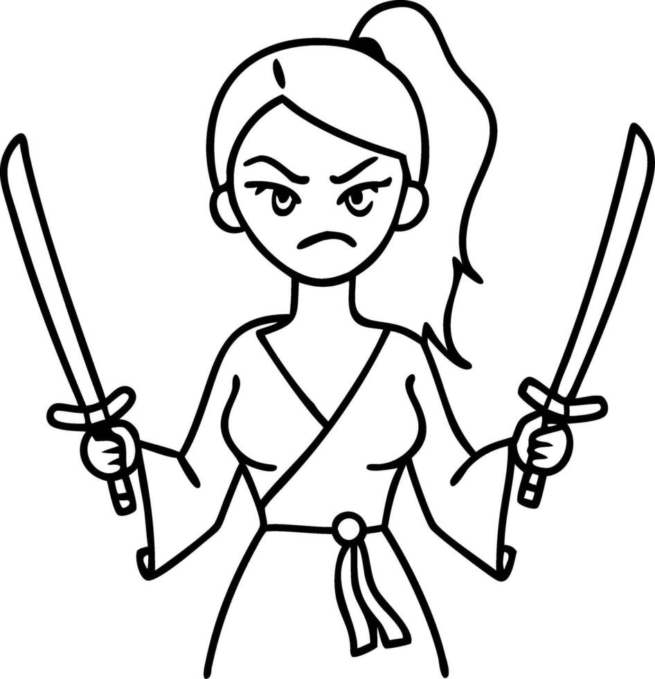 Fierce Warrior Girl with Swords Graphics Ideal for Tattoos and Coloring Pages vector