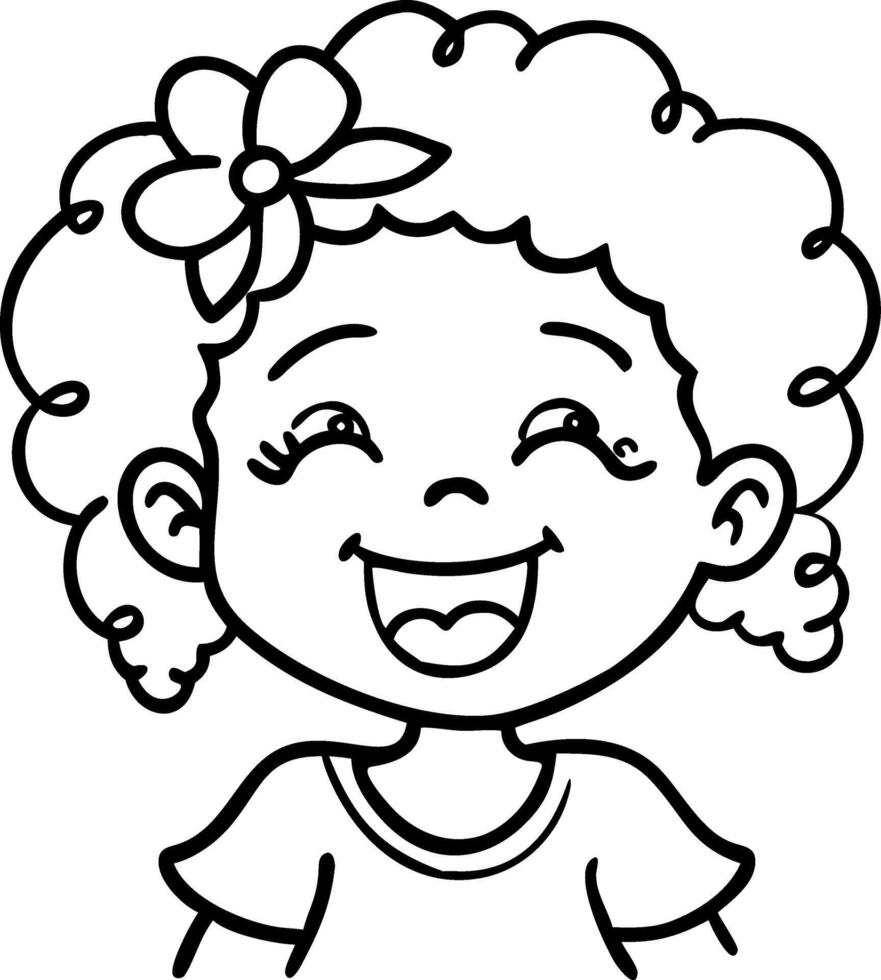Cheerful Smiling Girl with Curly Hair and Flower Accessory for Coloring Book Design vector