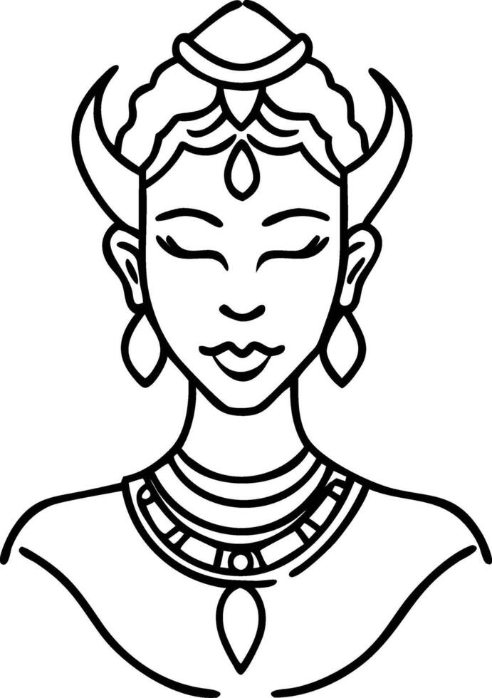 Elegant Line Art Portrait of a Serene Woman in Traditional Jewelry for Tattoo Design and Coloring vector