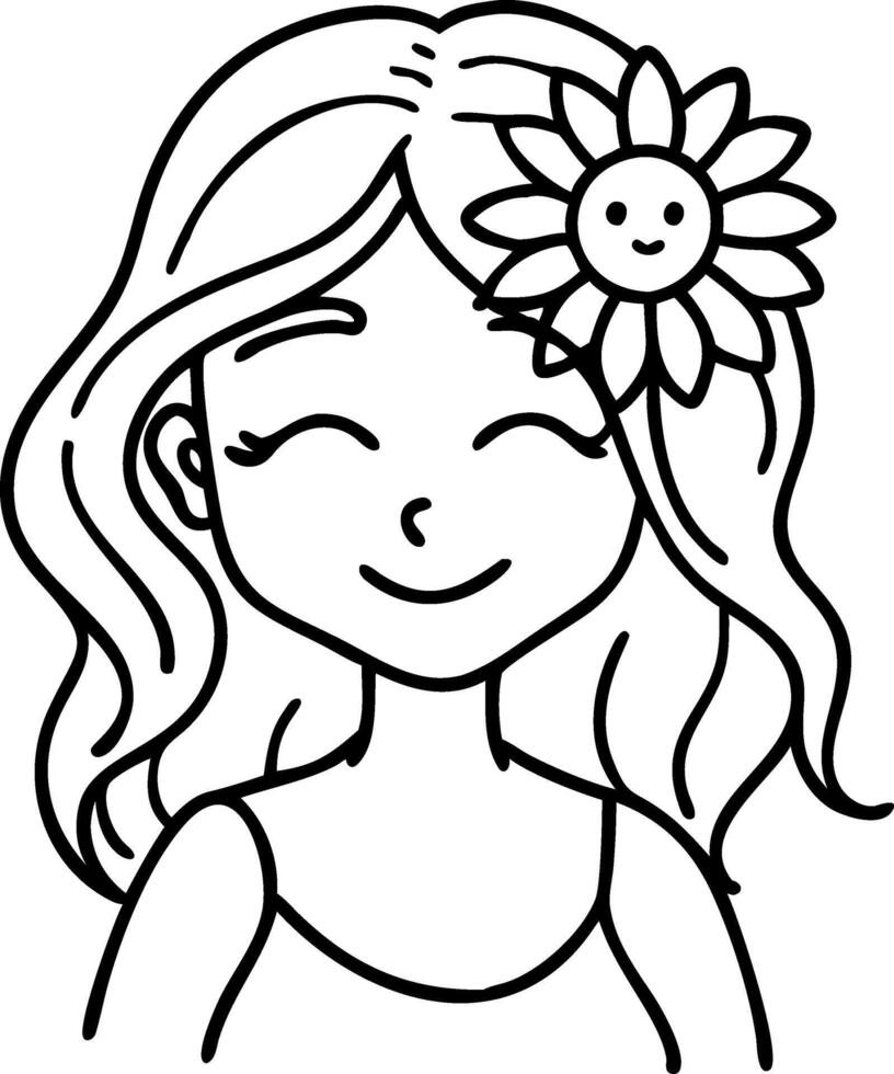 Happy Girl with Flower Smiling Art for Coloring Books and Creative Projects vector
