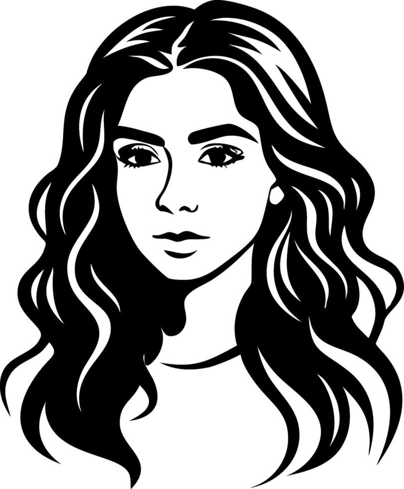 Elegant Black and White Portrait of a Young Woman with Long Wavy Hair for Fashion Design vector