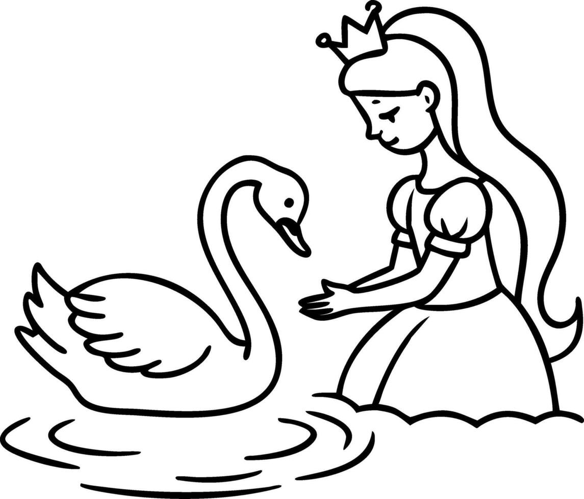 Princess Interacting with Majestic Swan in Serene Water Scene for Coloring and Tattoo Design vector