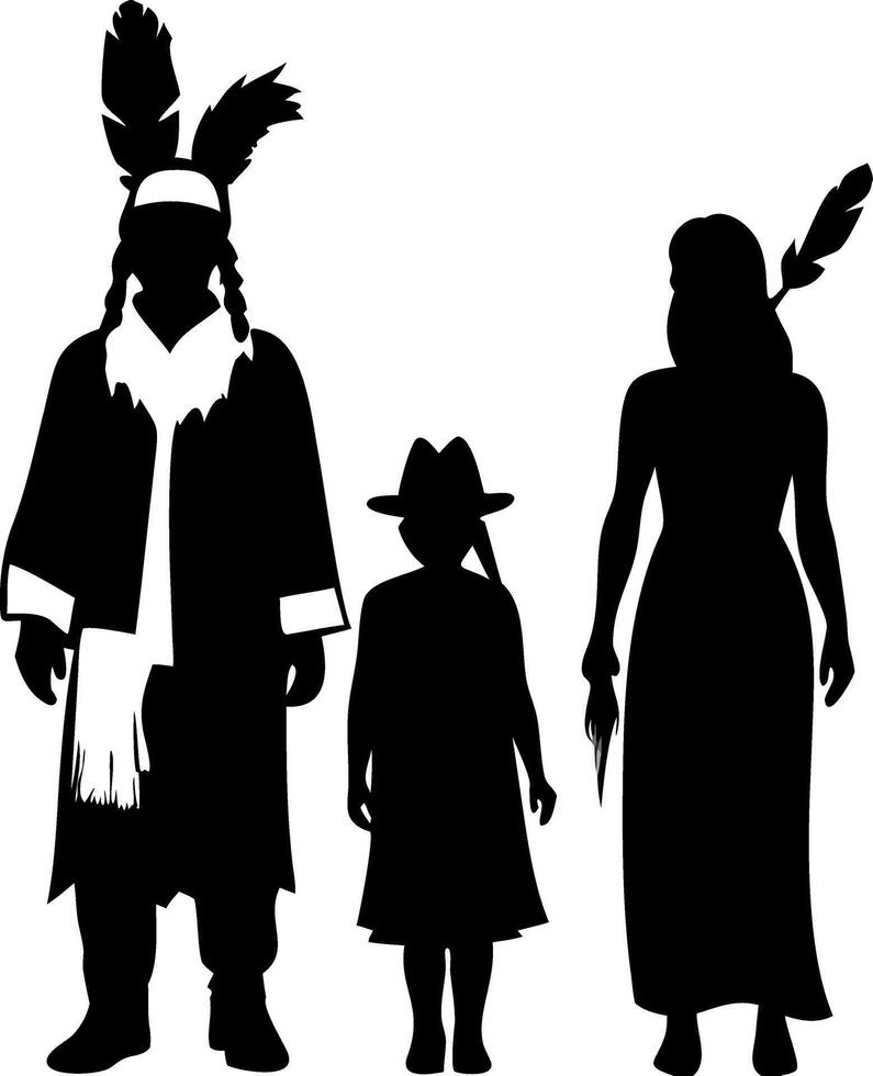 Silhouette of Native American Family with Traditional Clothing and Accessories vector