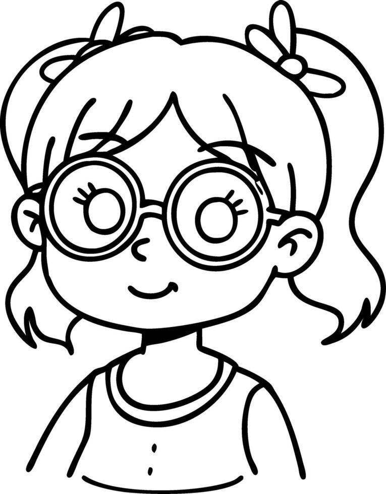Cute Cartoon Girl with Glasses and Ponytails for Coloring Pages and Tattoo Designs vector