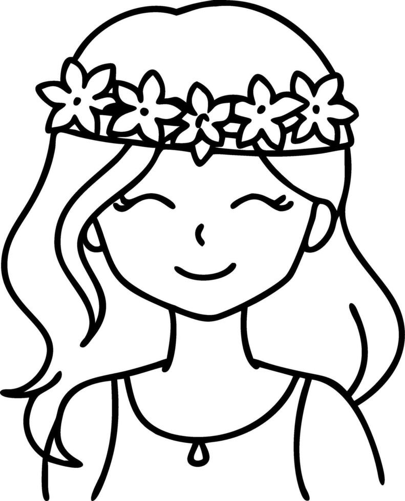 Happy Girl with Flower Crown Smiling Portrait Ideal for Coloring and Tattoo Designs vector