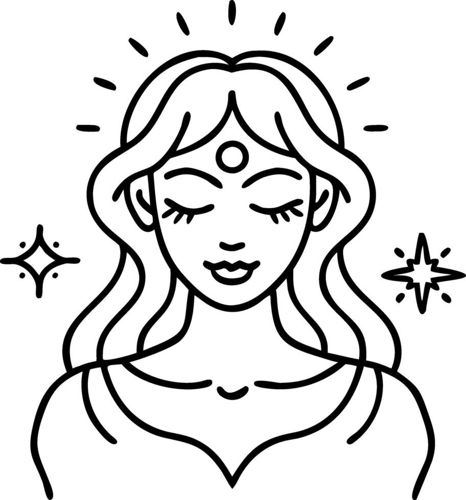 Serene Divine Woman with Closed Eyes and Cosmic Elements for Meditation and Spirituality vector