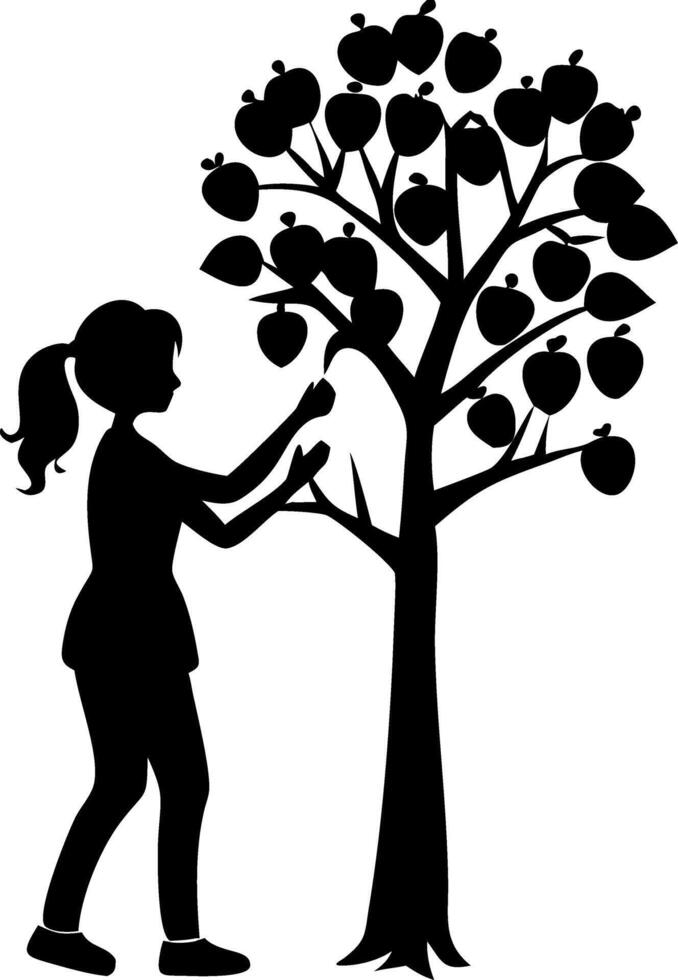 Young Girl Picking Fruit from a Tree Silhouette Ideal for Nature Themed Designs vector