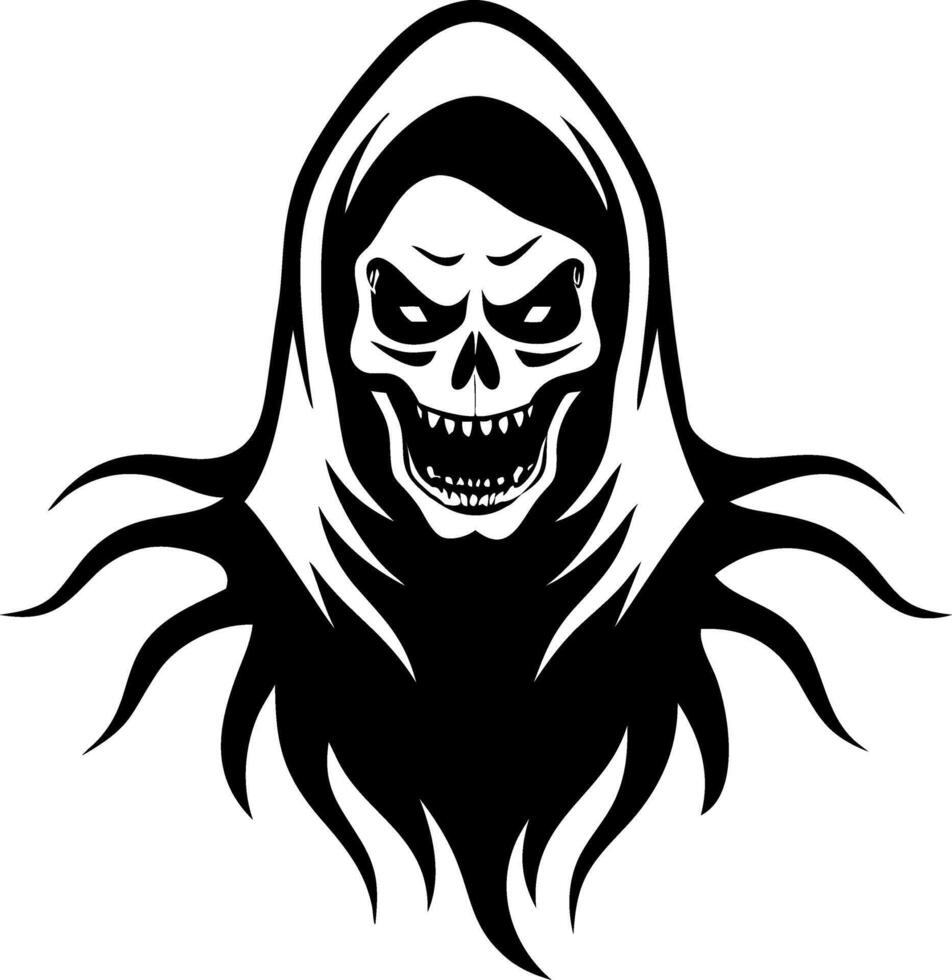 Detailed Grinning Skull with Hooded Cloak and Flowing Hair for Tattoo Design and Artwork vector