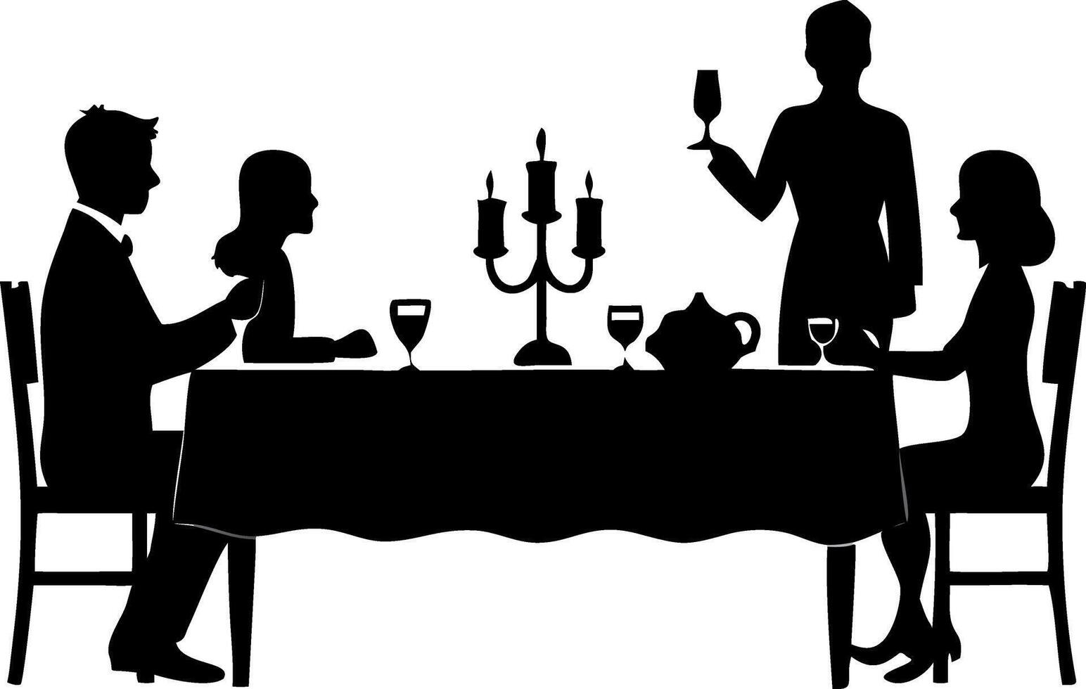 Elegant Dinner Party Silhouette with Guests Candles and Table Settings for Invitation Design vector