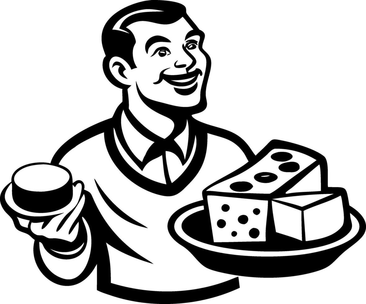 Cheerful Waiter Serving Delicious Cheese and Appetizers Illustration vector