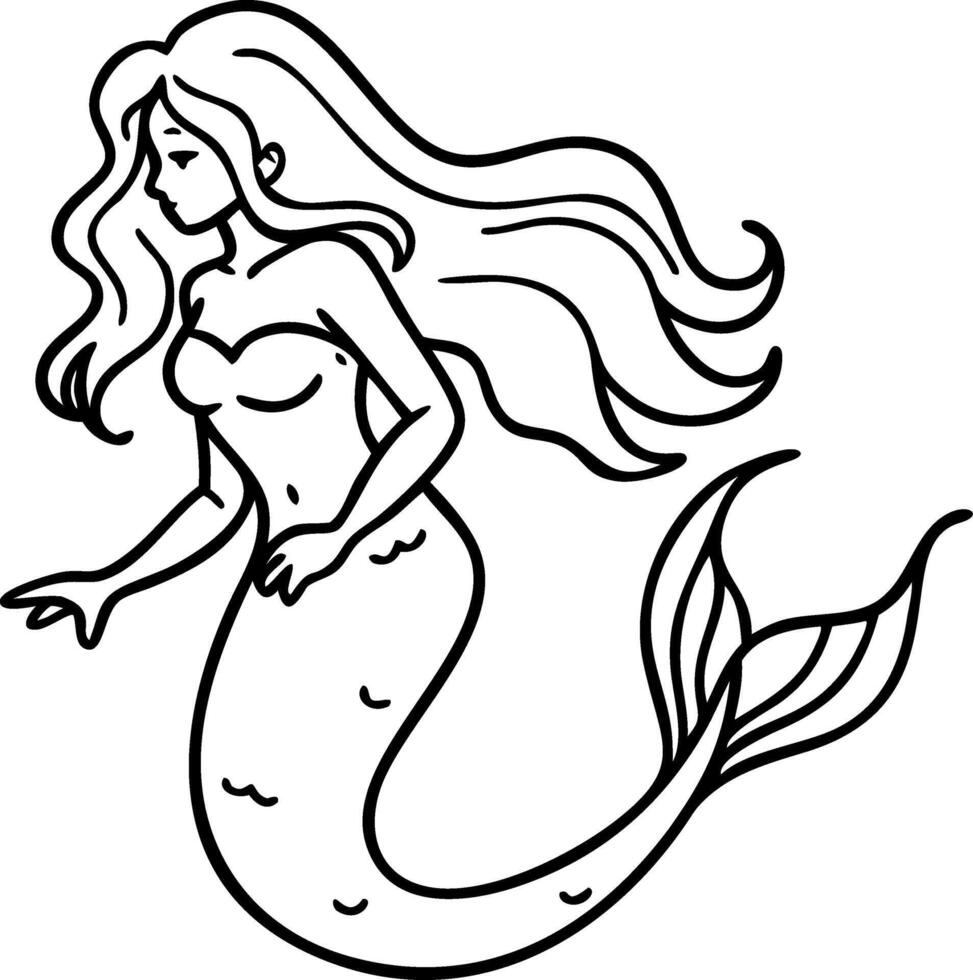 Elegant Mermaid Illustration with Flowing Hair for Tattoo and Coloring Book Designs vector