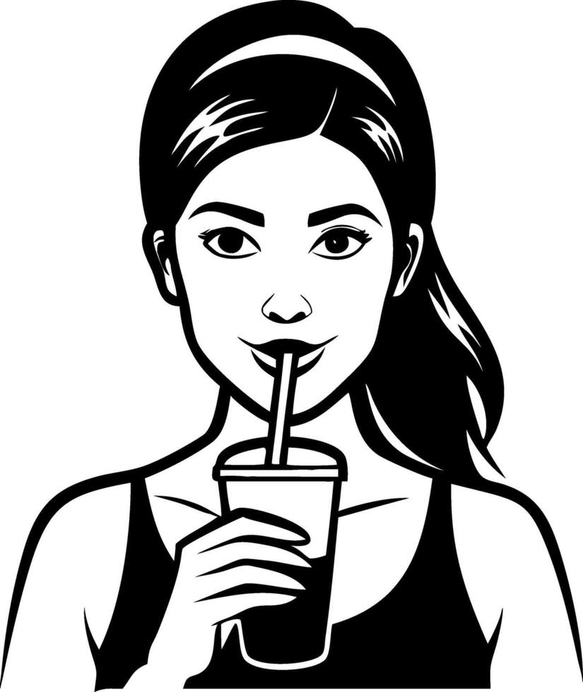 Stylish Young Woman Enjoying Drink with Straw in Modern Graphic Style for Prints and Tattoos vector