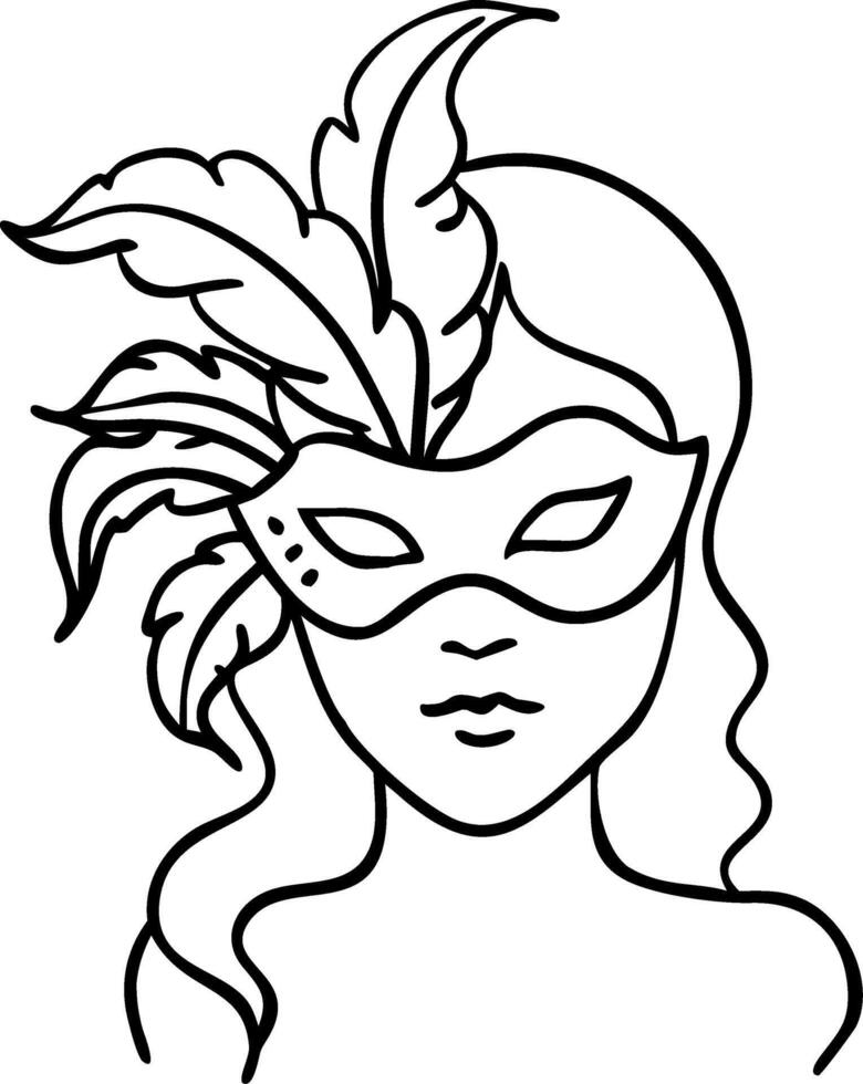 Elegant Woman with Feathered Mask Line Art for Creative Projects and Tattoo Designs vector