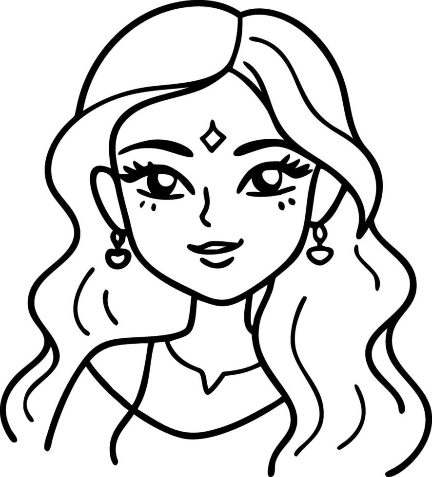 Beautiful Young Woman with Long Hair and Earrings for Coloring and Tattoo Design vector