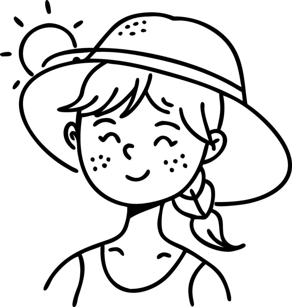 Cute Smiling Girl with Sun Hat and Freckles for Coloring Book and Tattoo Design vector