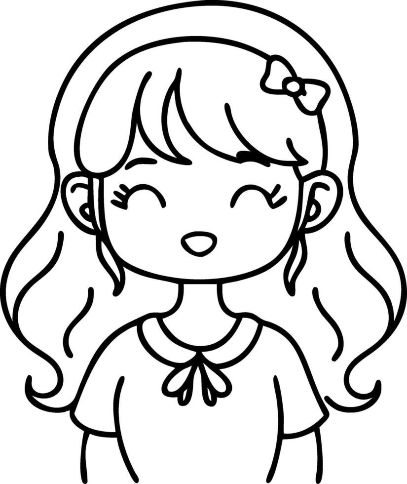 Cute Cartoon Girl with Long Hair Smiling Outline for Coloring Books and Illustrations vector