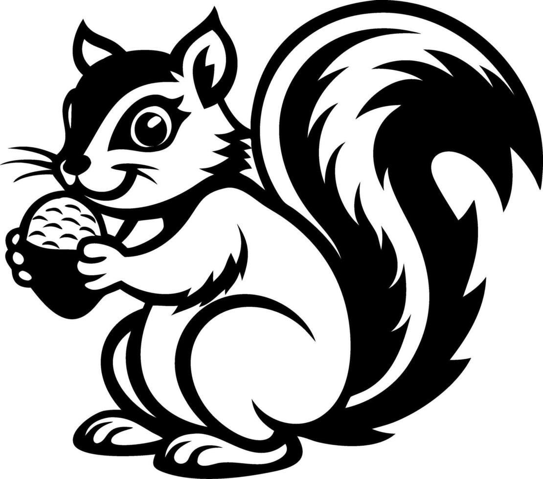 Cute Cartoon Squirrel Holding Acorn Black and White Design for T-Shirts and Tattoos vector