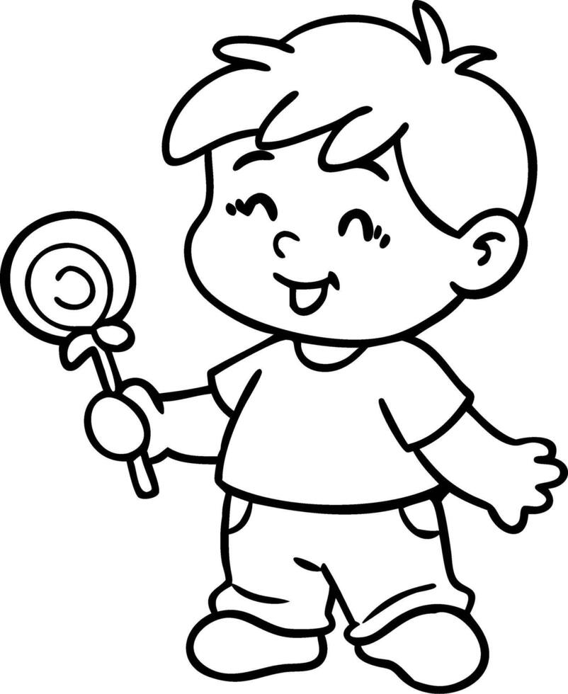 Cute Happy Child Holding Lollipop Cartoon Character Ideal for Coloring Books and Illustrations vector