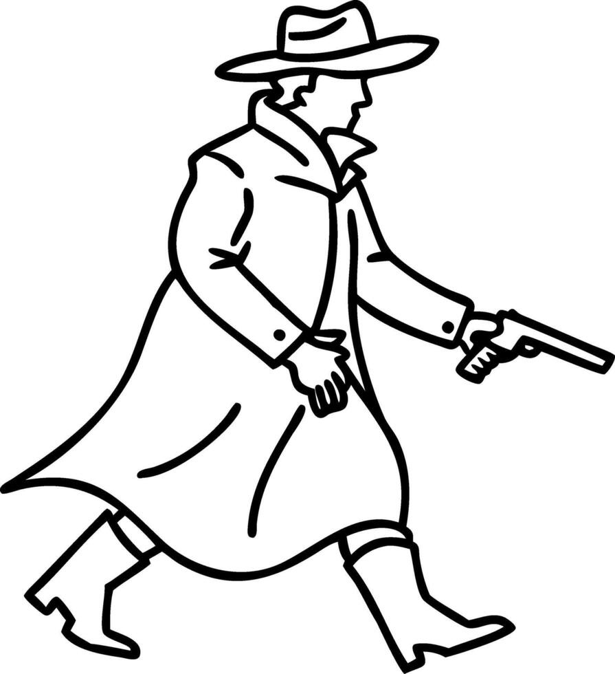 Cowboy in Duster Jacket with Revolver Walking Silhouette for Tattoo and Coloring Book Design vector